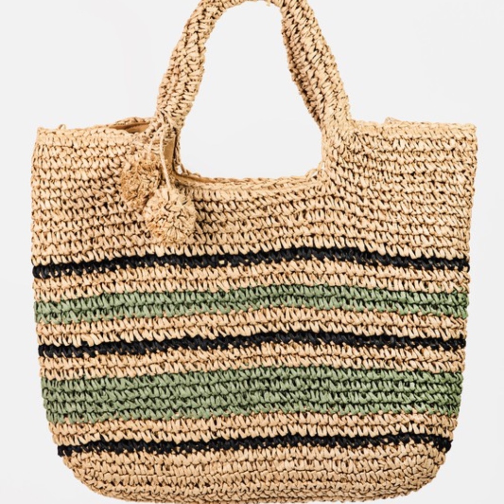 SOLD OUT Khaki Green Striped Woven Straw Braided Summer Tote Bag - Picture 2 of 5